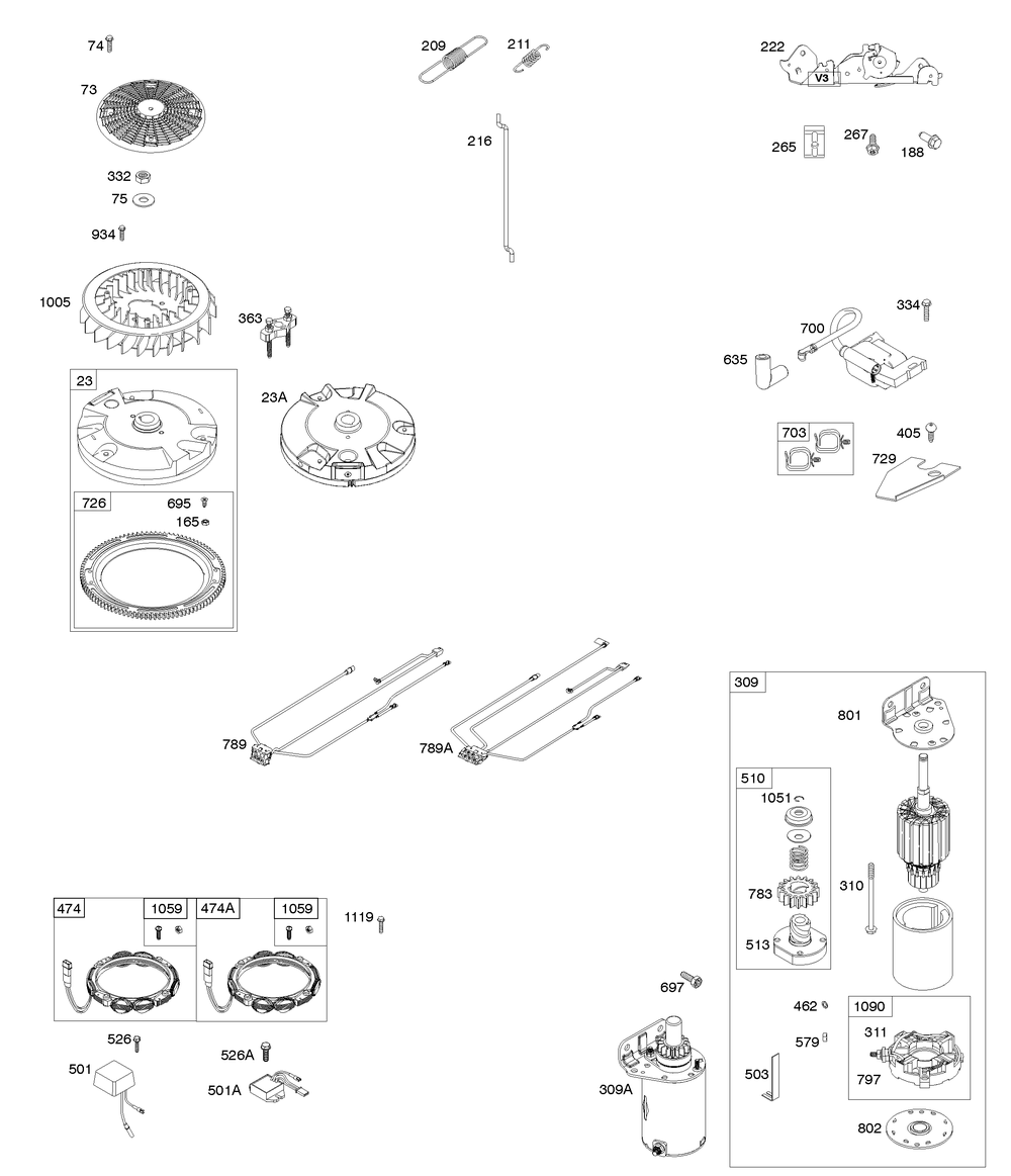 Flywheel, Controls, Wire Harness, Alternator, Starter Diagram and Parts List for 44R577-0001-H1 400000 - 699999 Briggs and Stratton Engine